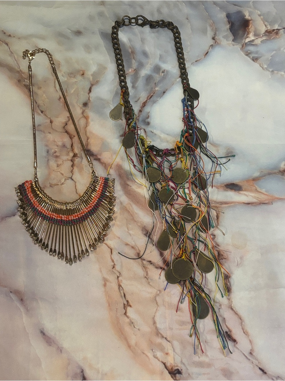 Necklace Lot - Rainbow Collar and Boho Multi-Color Fringe Statement Necklace